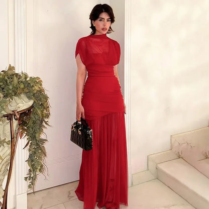 DJ Red Pleated A-Line Maxi Evening Dress