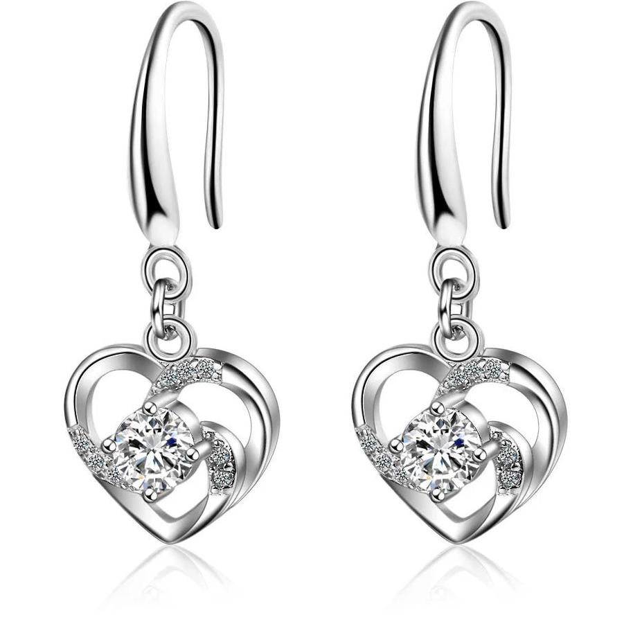 925 Sterling Silver Heart Crystal Dangle Earrings for Women