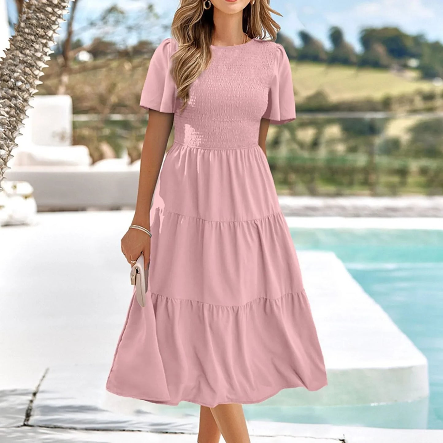 V-Neck Smocked Waist Tiered Midi Dress