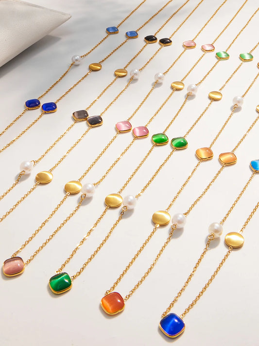 18k Gold Colorful Opal Long Necklace for Women