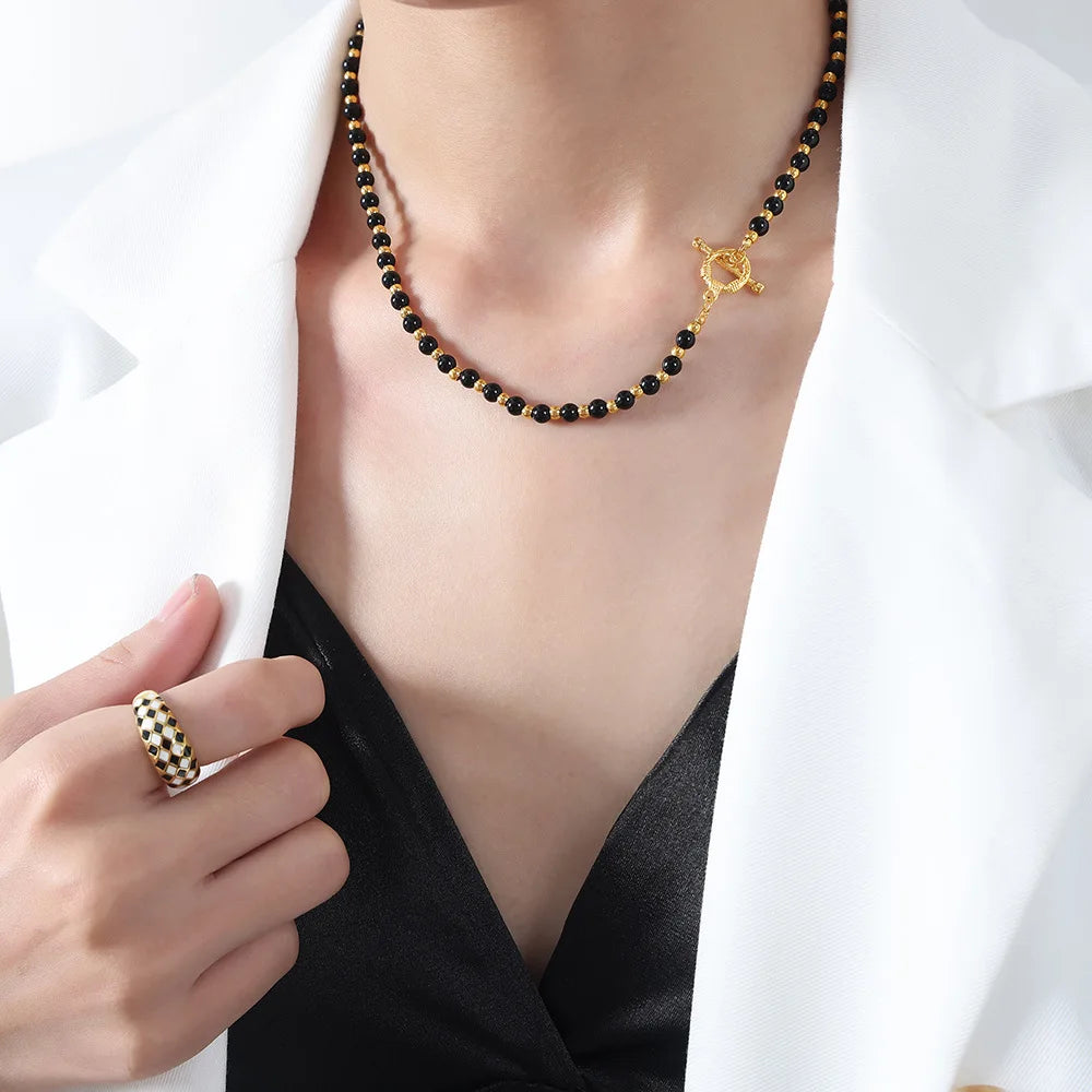 Vintage Black Agate Beaded Necklace for Women