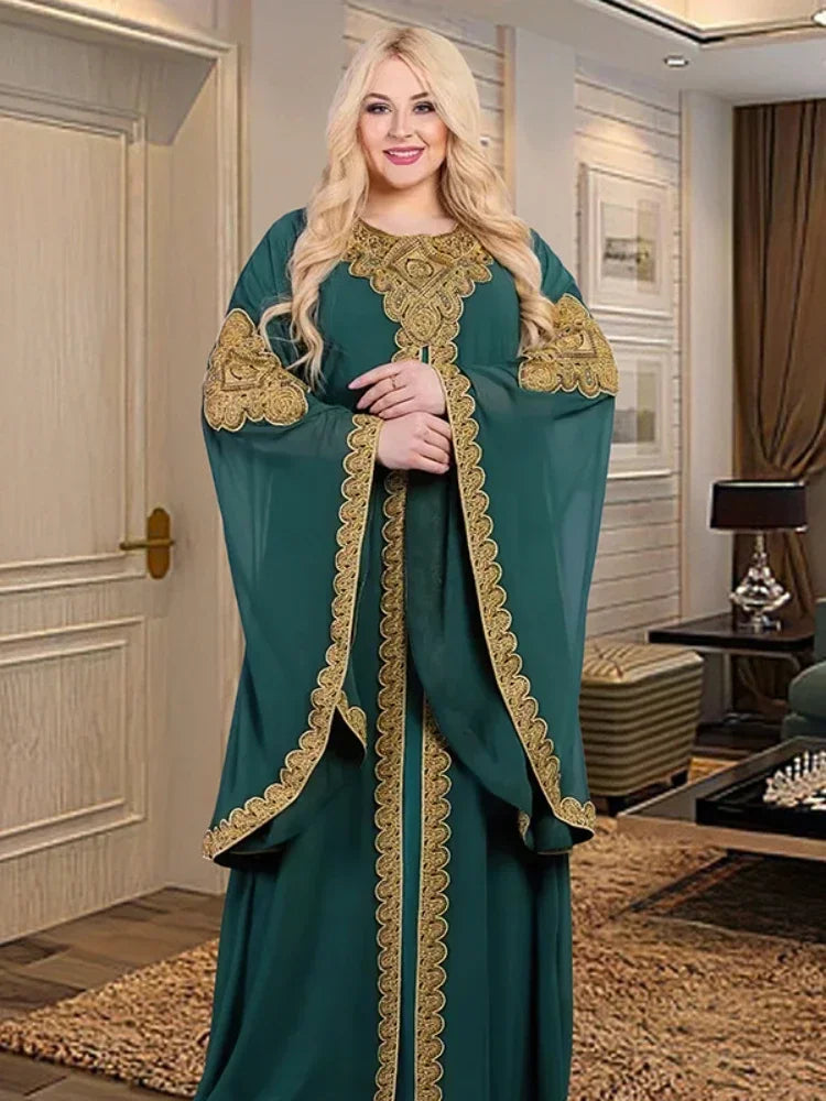 Embroidered Abaya 2-Piece Set | Flare Sleeve Caftan & Lace Dress