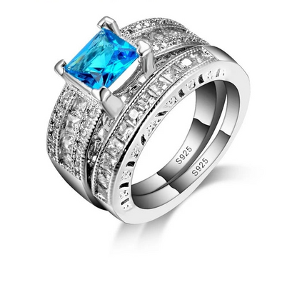 Elegant Blue CZ Crystal 925 Sterling Silver Ring Set for Women