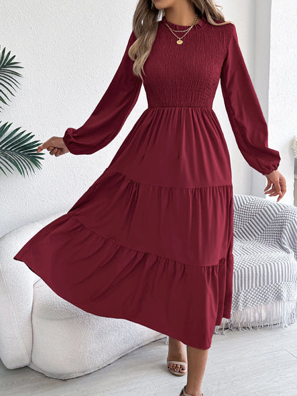 Smocked Tiered Ruffle Midi Dress – Long Sleeve | Burgundy, Dark Green, Khaki