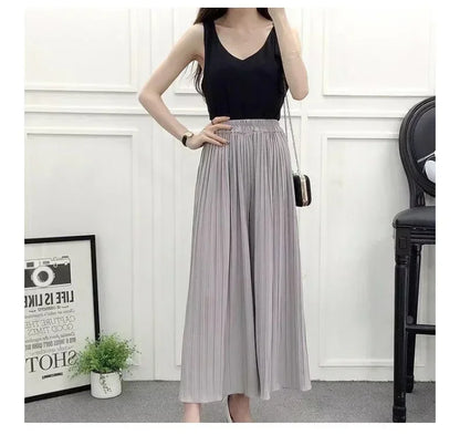 Elastic Waist Pleated Wide Leg Skirt Pants