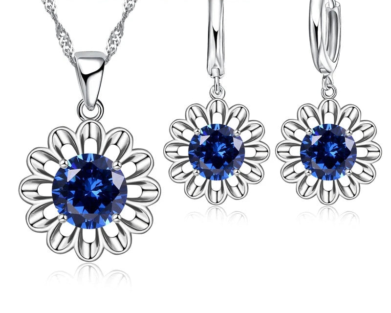925 Silver CZ Flower Bridal Jewelry Set