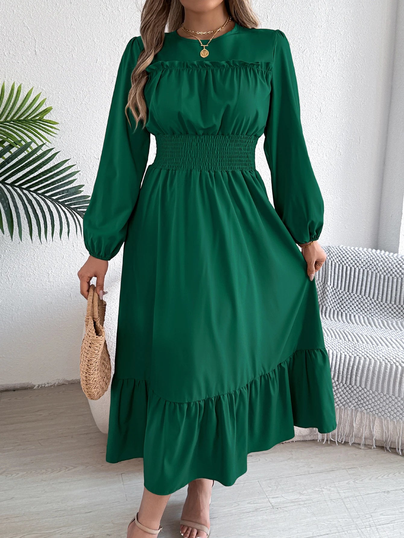Solid Color Lotus Leaf Hem Midi Dress – Long Sleeve