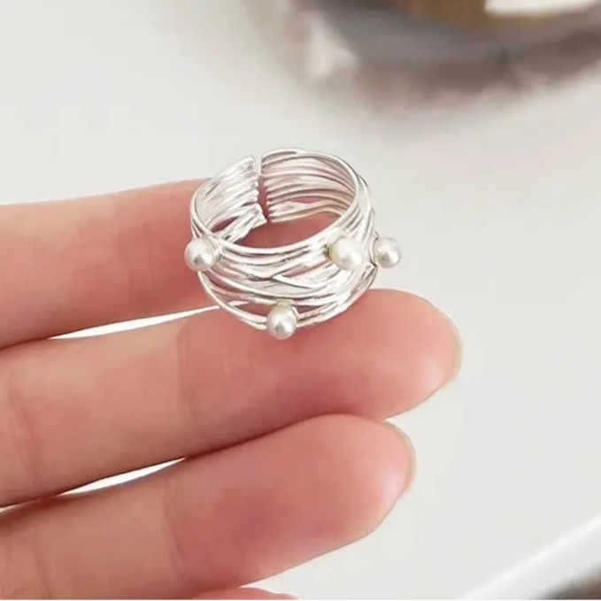 Trendy 925 Sterling Silver Adjustable Pearl Ring for Women