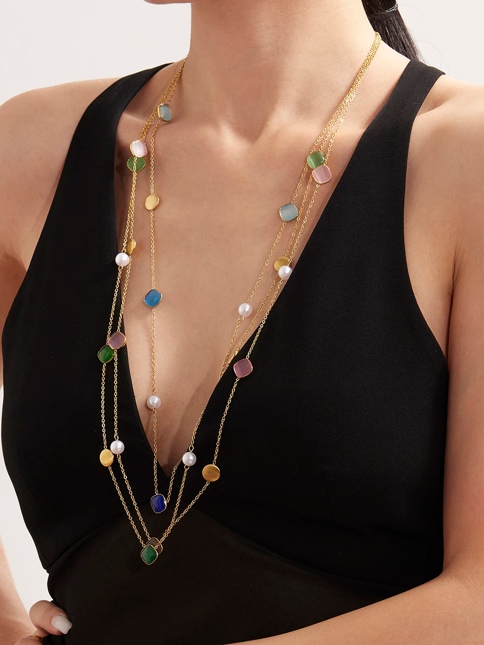 18k Gold Colorful Opal Long Necklace for Women