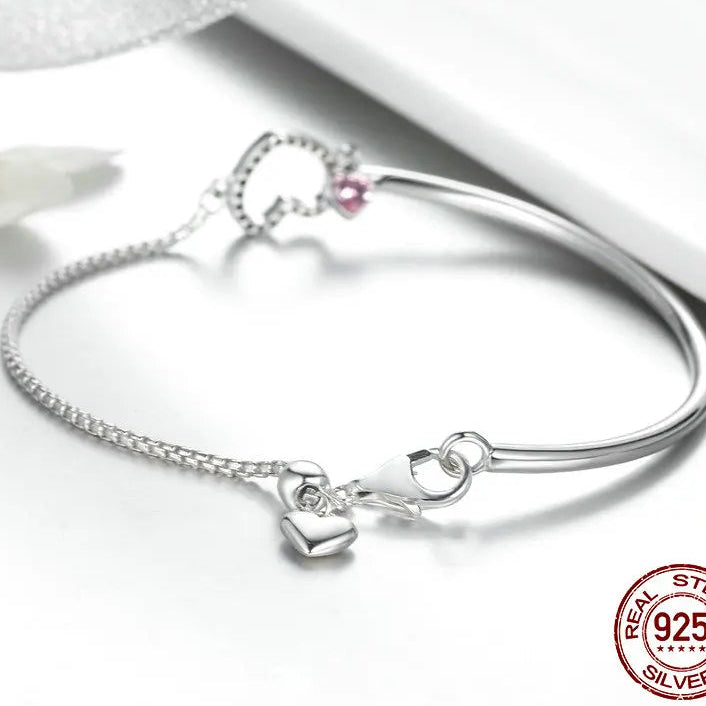 925 Silver Heart Pink CZ Chain Bracelet
