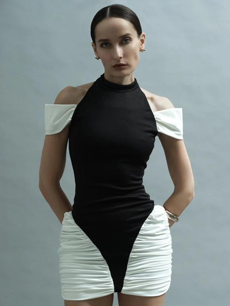 Sleeveless Off Shoulder Patchwork Pleated Party Dress