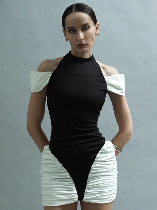 Sleeveless Off Shoulder Patchwork Pleated Party Dress