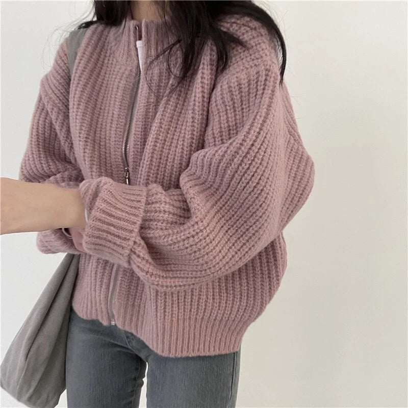Solid Color Knitted Zip Up Cardigan for Women