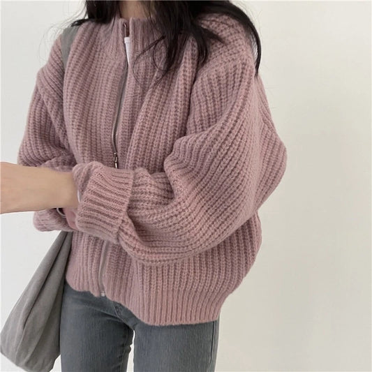 Solid Color Knitted Zip Up Cardigan for Women