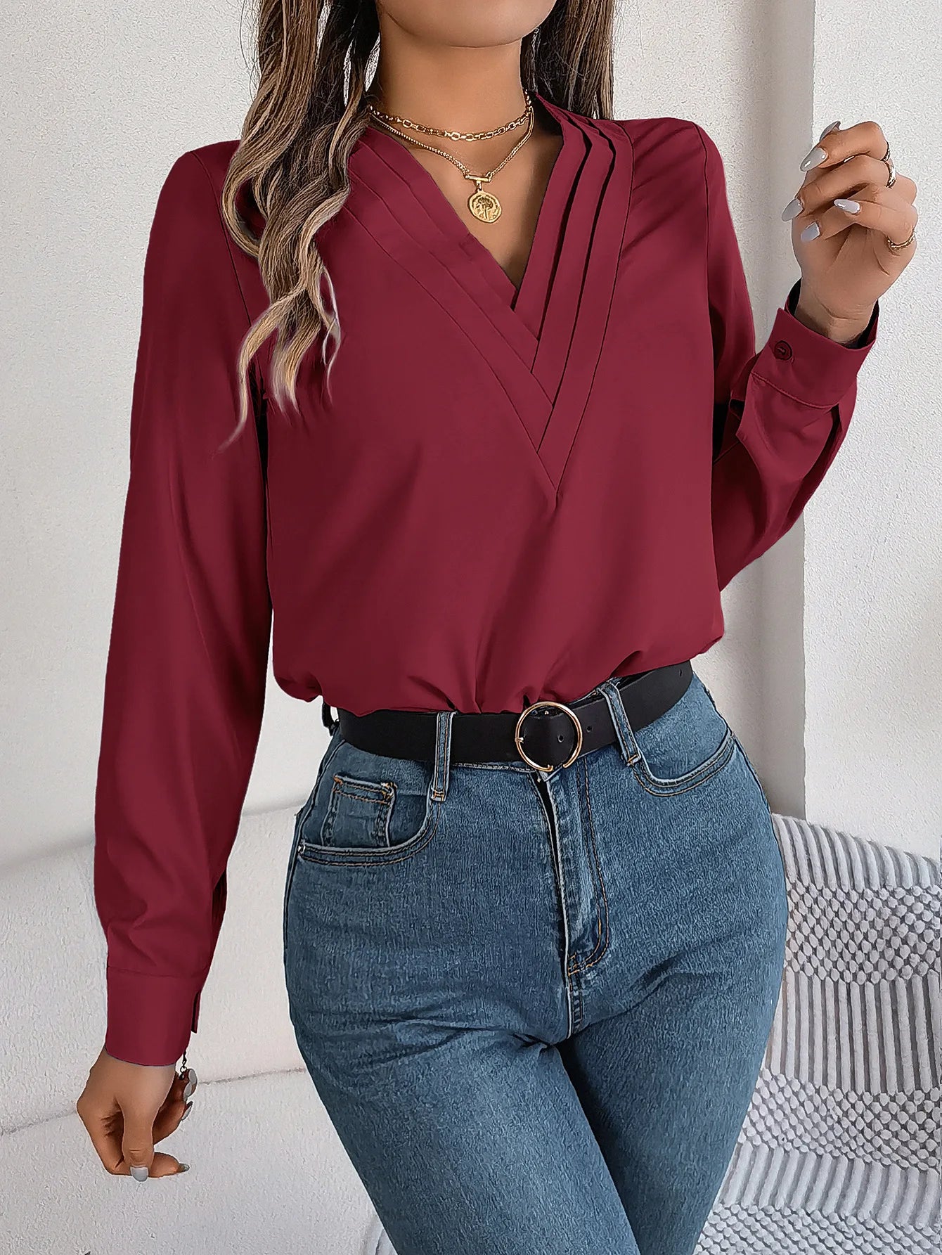 VigoCasey 2025 Elegant V-Neck Long Sleeve Women’s Top