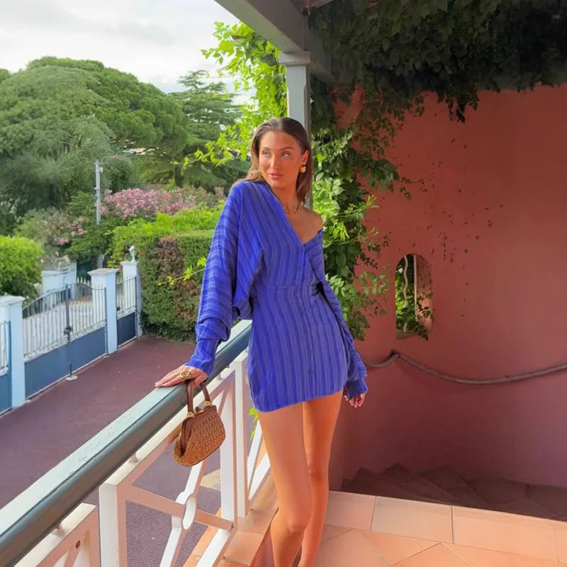  Turn-down Collar Single Breasted Striped Short Dress