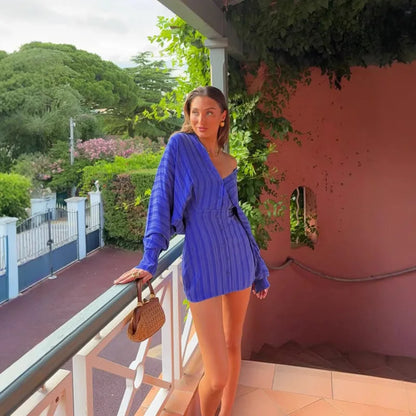  Turn-down Collar Single Breasted Striped Short Dress