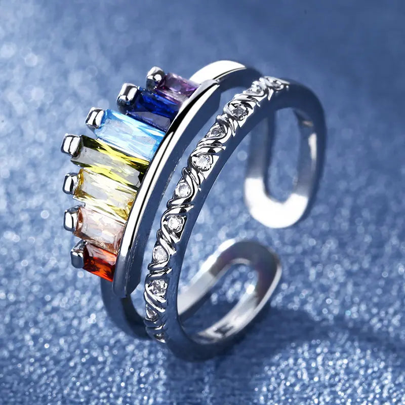 925 Sterling Silver Rainbow Zircon Adjustable Ring for Women