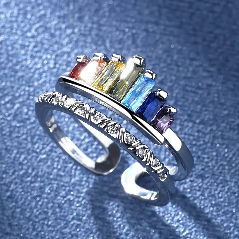 925 Sterling Silver Rainbow Zircon Adjustable Ring for Women