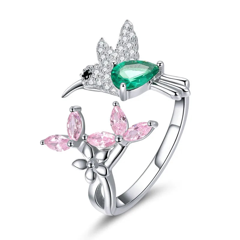 JEW023R    925 Sterling Silver Hummingbird Open Ring Dazzing CZ Adjustable Finger - Klixstore