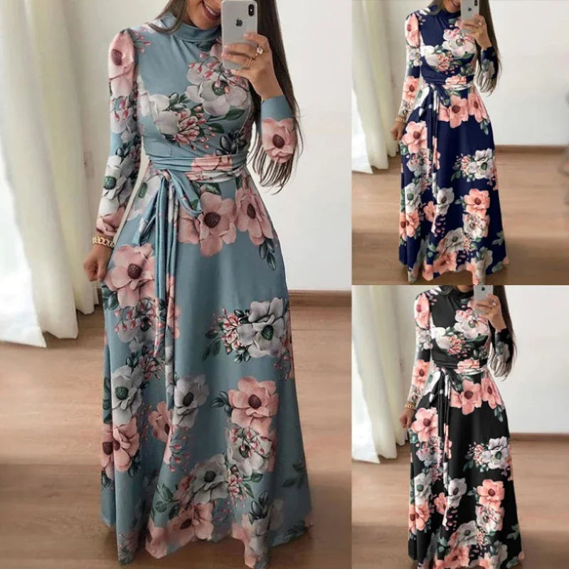 Boho Floral Print Long Sleeve Maxi Dress