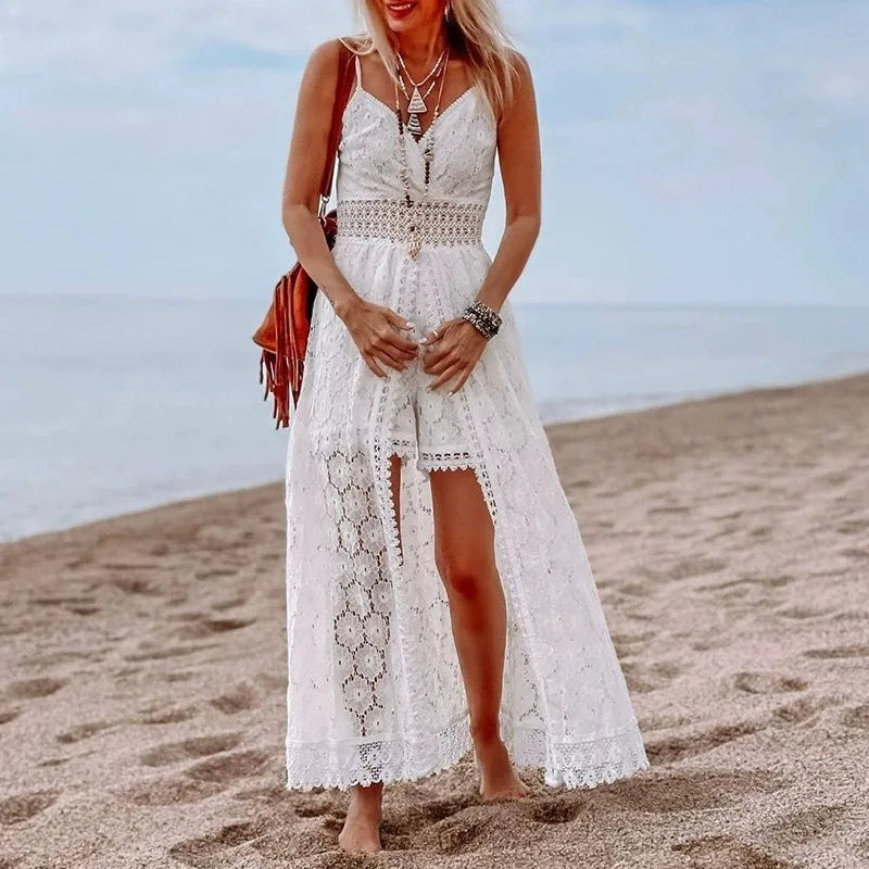 Lace V-Neck Hollow Out Bohemian Midi Dress