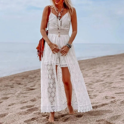 Lace V-Neck Hollow Out Bohemian Midi Dress