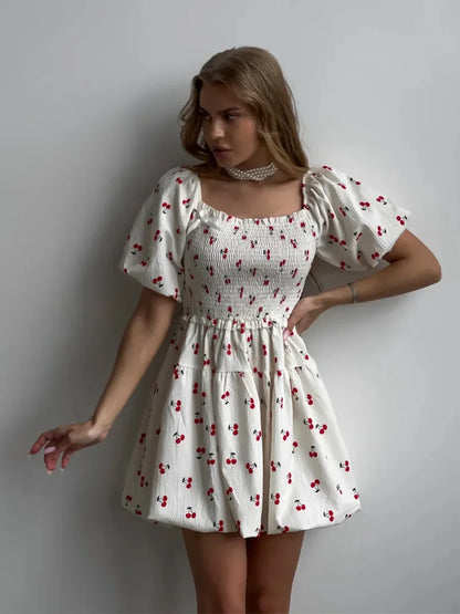 CLO054DJ
Fashion Sweet Cherry Printed A-line Short Dresses Women's  Strapless Off Shoulder Backless Tunics White Holiday Dress - Klixstore