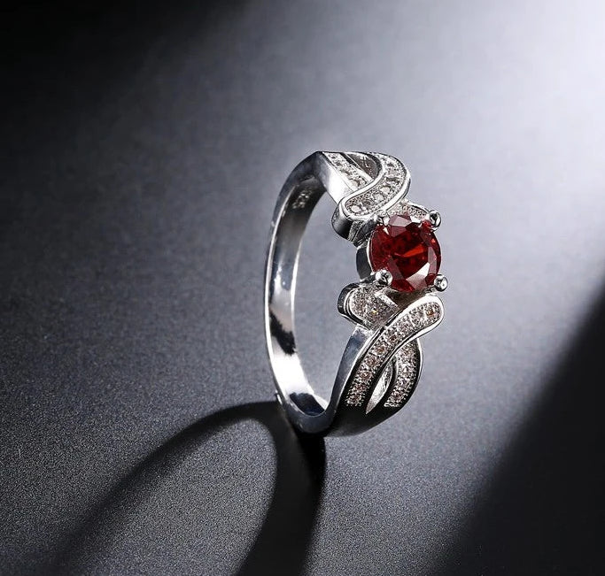 Red Stone 925 Sterling Silver Crystal Engagement Ring for Women