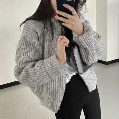Solid Color Knitted Zip Up Cardigan for Women
