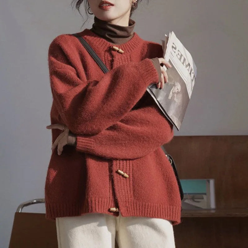 Vintage Knitted Round Neck Cardigan for Women