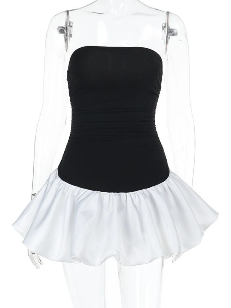 CLO040DJ
Sexy Off Shoulder Mini Ball Gowns Women's Summer Black White Patchwork Pleated Sleeveless Backless - Klixstore