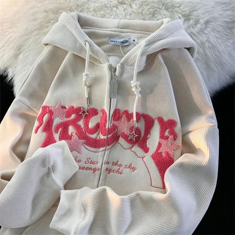 Embroidery Zip Up Hoodie for Women