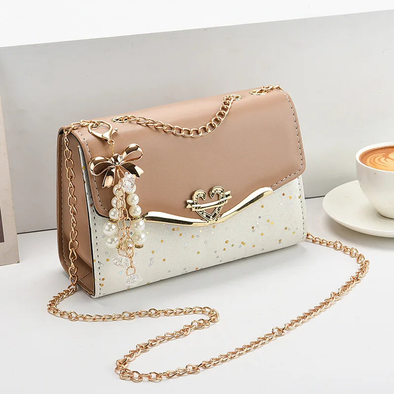 Korean Bow Sequin Shoulder Bag with Chain & Pendant