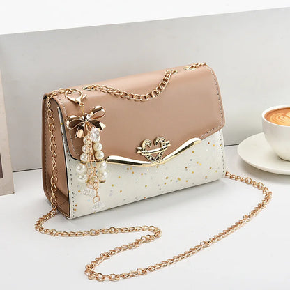 Korean Bow Sequin Shoulder Bag with Chain & Pendant