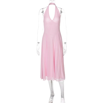 CLO038DJ
Women Halter Backless A-line Vacation Dress Streetwear Lady Sleeveless High Waist Tunics Mesh - Klixstore