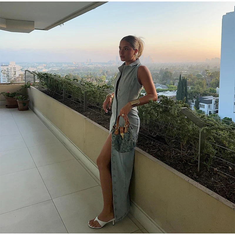 Denim Sleeveless Split Long Dress