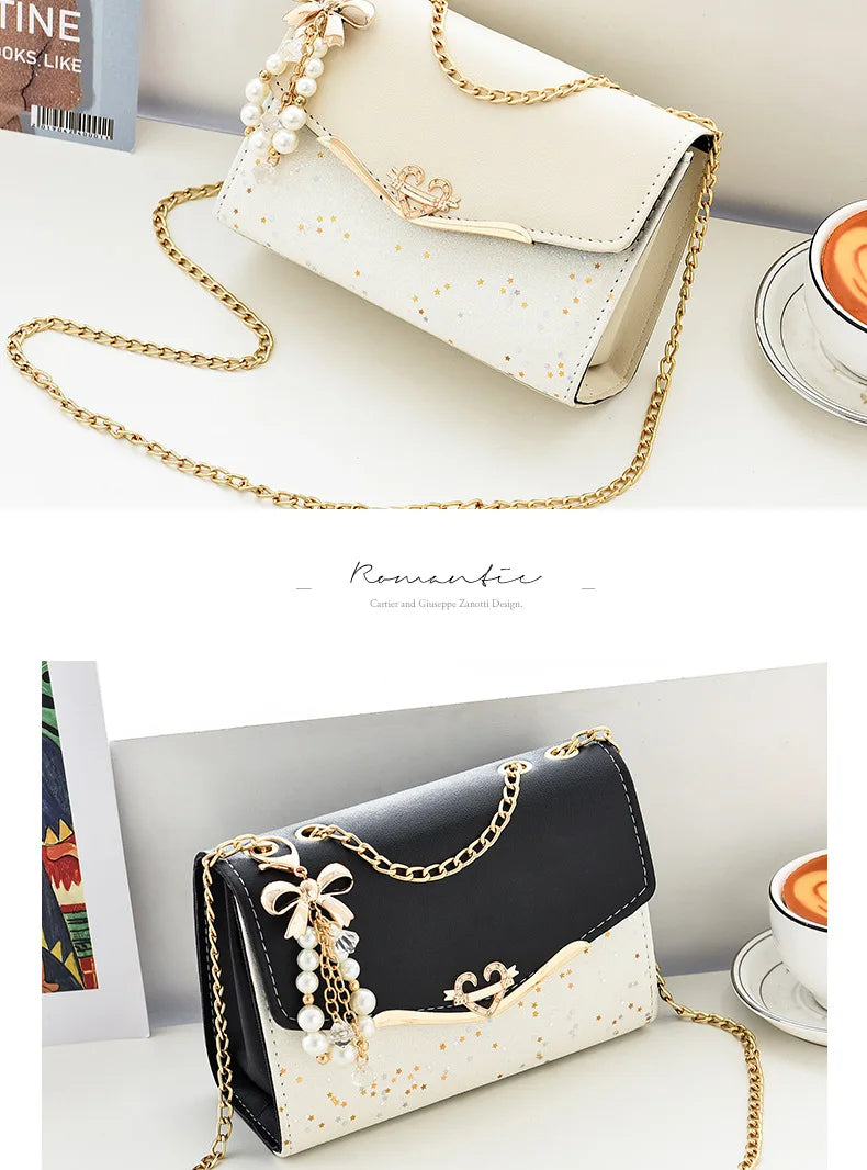 Korean Bow Sequin Shoulder Bag with Chain & Pendant