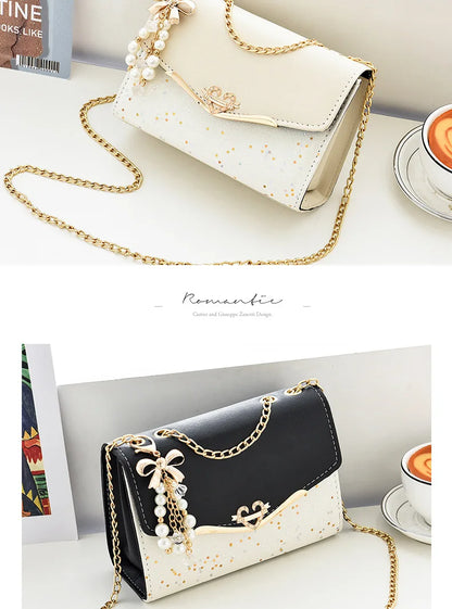 Korean Bow Sequin Shoulder Bag with Chain & Pendant