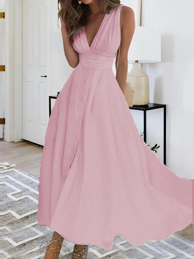 Solid Color V-Neck Sleeveless Long Sundress