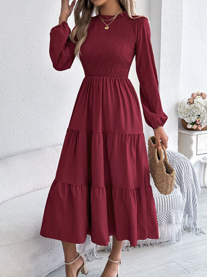 Smocked Tiered Ruffle Midi Dress – Long Sleeve | Burgundy, Dark Green, Khaki