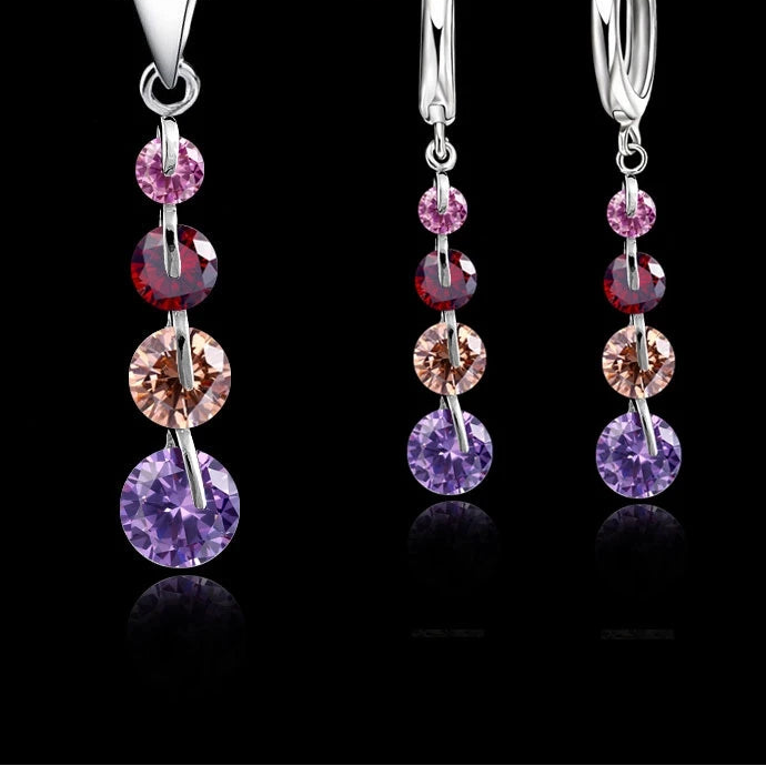 round CZ Crystal Necklace & Hoop Earrings Set in 925 Sterling Silver