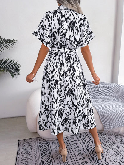 Leopard Print Batwing Shirt Dress | Button Slim Waist Mid-Calf | Summer