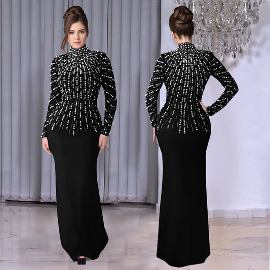 Elegant Glitter Pearl Bodycon Evening Maxi Dress
