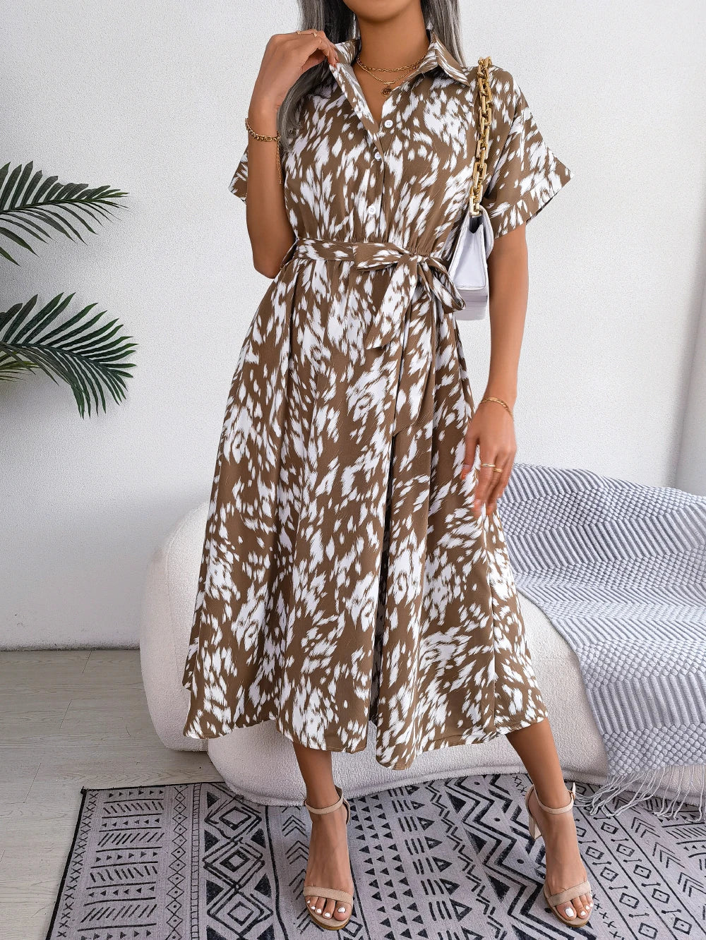 Leopard Print Batwing Shirt Dress | Button Slim Waist Mid-Calf | Summer
