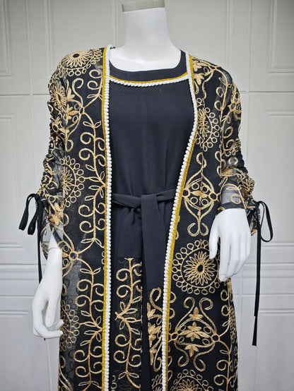 Embroidered Muslim Abaya 2-Piece Set | Kaftan Cardigan & Lace-Up Dress