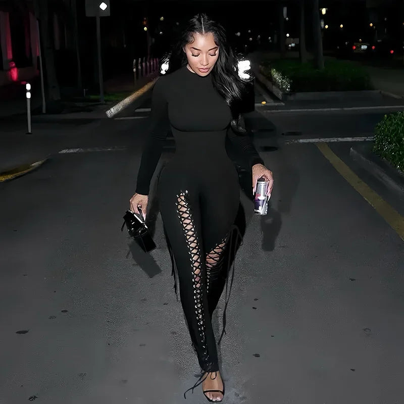 Hollow Out Bandage Long Sleeve Jumpsuit