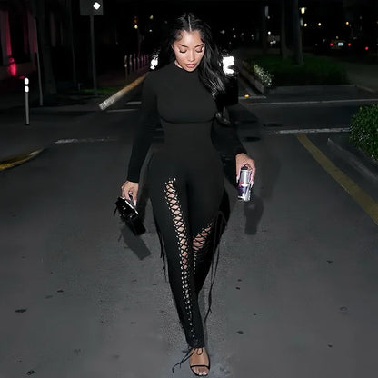 Hollow Out Bandage Long Sleeve Jumpsuit