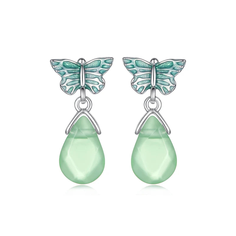 JEW031ER
 925 Sterling Silver Butterfly Stud Earrings for Women, Crystal Green Resin Teardrop Dangle Earrings - Klixstore