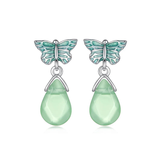 JEW031ER
 925 Sterling Silver Butterfly Stud Earrings for Women, Crystal Green Resin Teardrop Dangle Earrings - Klixstore